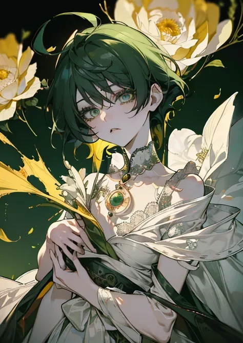 ((8K resolution))、((Top quality))、((Art board))、(( super details ))((((Dramatic ))), ((( feeling rough ))), (((intense)))、whole body、Handsome man、woman、sunrose field、twilight、 wedding dress 、tattoo、short hair、 two blocks 、white、yellow、green、green、rose々、ros...