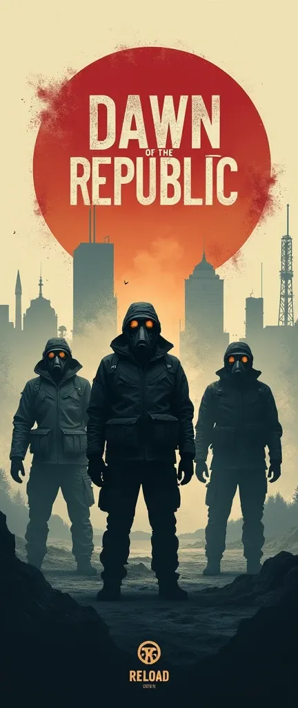 I want a logo with the name "Dawn of the Republic" and in the background three gas and war masks and a Soviet city in the background. Place the inscription under the logo:: RELOAD