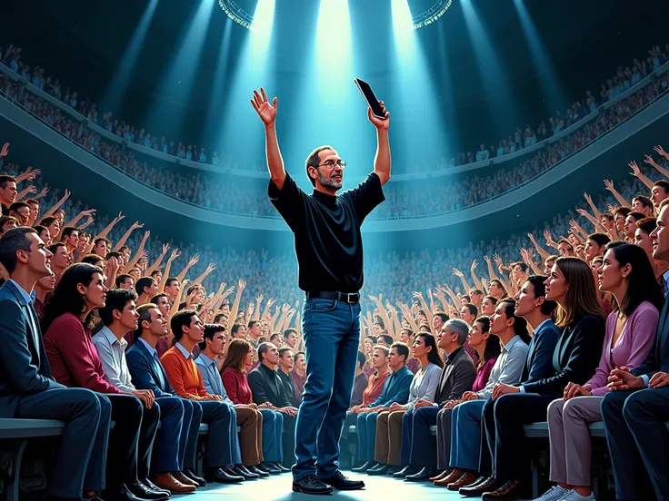 in comic style, generates an image of Steve Jobs triumphing with the iPhone before an expectant audience