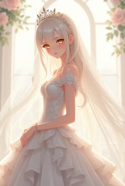  anime girl image, white hair, golden eyes , in wedding dress 