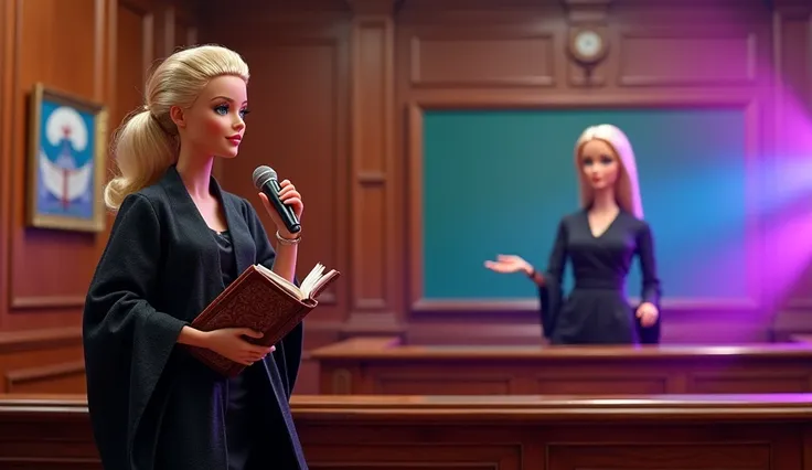 Lawyer: "A Barbie-like character in a black lawyers robe holding a book in a courtroom."
Teacher: "A Barbie-like character standing at a blackboard teaching ren in a colorful classroom."
Pop-Star: "A Barbie-like character singing on a stage with a mic, col...