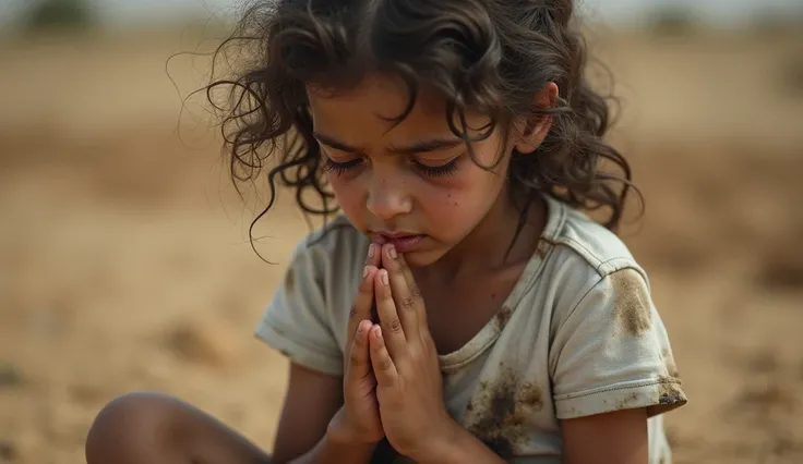 A girl, , emaciated, wearing a tattered and very dirty white t-shirt, feeling sad, her dirty face while praying, elegantly wrapping her hands in a prayer position, hands raised in worship, tears glistening on her cheeks, sitting on a Palestinian, Curly hai...