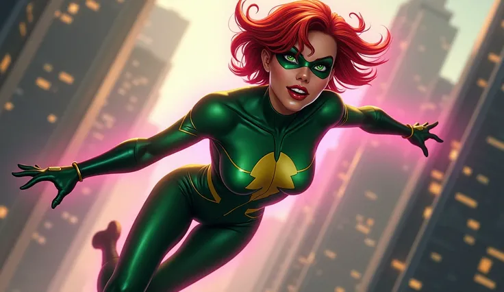 beautiful redhead superhero with short hair and green eyes, sexy green uniform with bold patterns showing some skin, long dark green boots, long dark green gloves, pink aura, flying through a majestic city