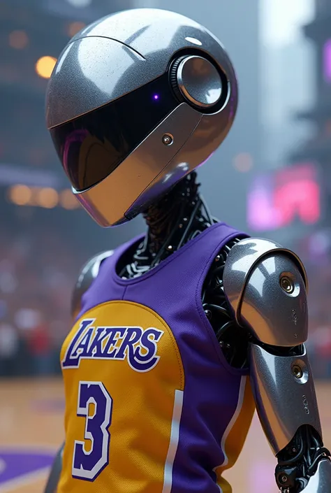 Silver robot wearing Lakers team clothes 