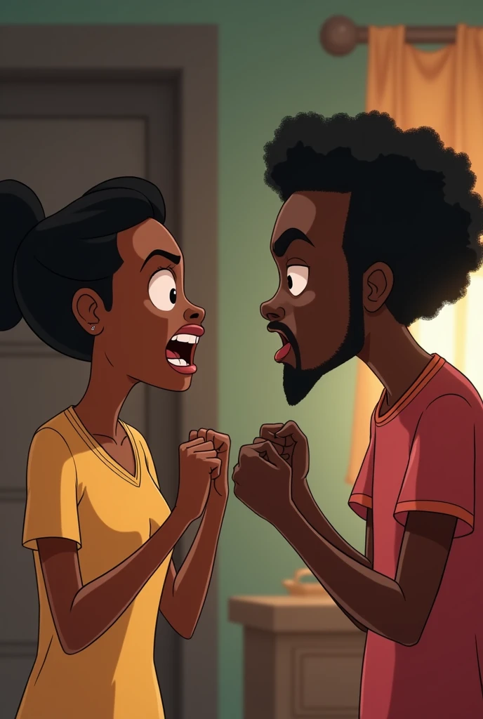 Animation of a Nigerian couple arguing about Ire’s medical expenses, their faces filled with anger.