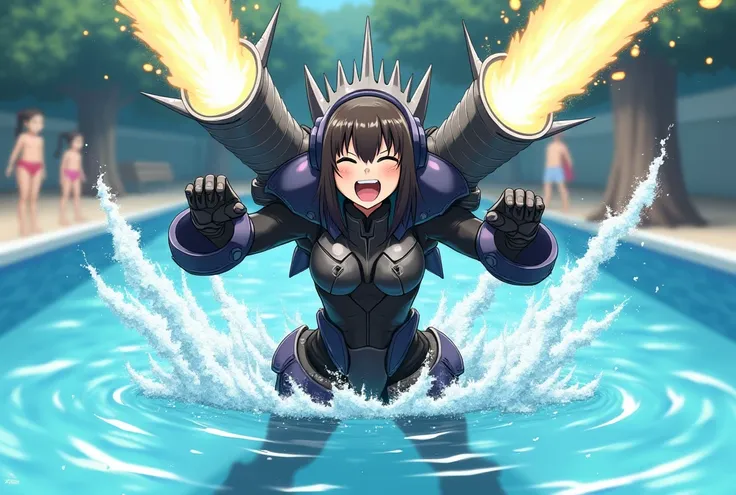 A composition focusing on a single girl, around , playing in a wide, shallow pool. She is wearing a robot suit inspired by a giant kaiju, featuring angular, heavy designs, claws, fangs, spiky decorations on its back, and massive water cannons mounted on bo...