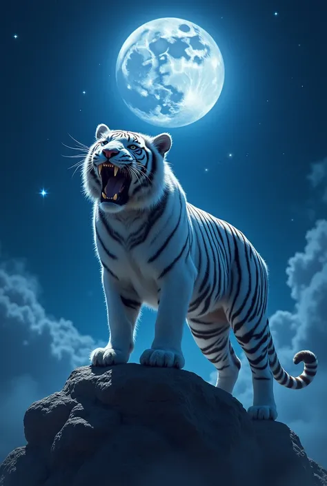 White tiger roaring on rock and full moon with blue stars and moonlight on tiger