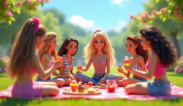 A Barbie-like character surrounded by her friends, all laughing and enjoying a picnic in a bright and cheerful park."

