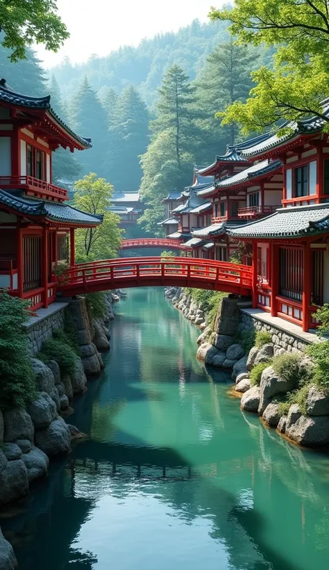 Old-fashioned buildings that look like Kyoto 　 Beautiful rivers with high transparency 　 Photogenic red bridges　 super quality　超 real　 super high definition 　 ultra high resolution with forest background　 real　8k