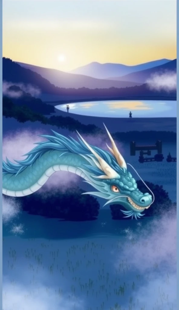 Edo period　The sky above the lake 　 dragons are swimming above the lake　god々Shii　 is clear and realistic　 high definition 