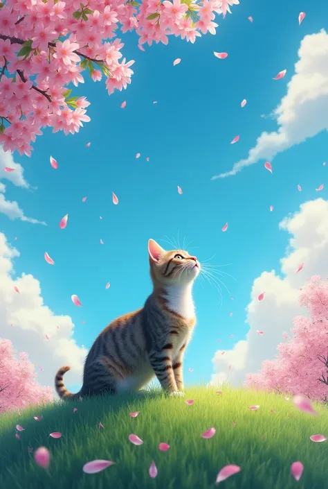 masterpiece,  best quality,  high definition ,  in detail、 looking for something in an absurd 、 surrenders、Green hill with cherry blossoms 、blue sky、 Rain of Petals 、 Cat Looking Up at the Sky 、