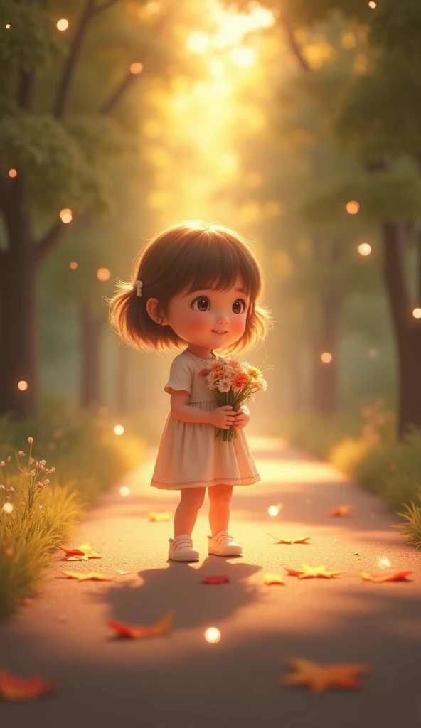 "A little baby girl standing on a quiet road, holding a bouquet of flowers in her small hands. The atmosphere is serene, with soft, glowing lights surrounding her, emphasizing her innocence and cuteness. She is dressed in a simple, charming outfit, and the...