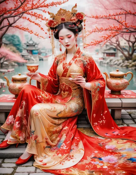 Traditional Chinese watercolours painting with Klimt style elements. Medium shot. Beautiful woman in red gold phoenix embroidered wedding dress, holding cup of tea, sitting with legs stretched out, where confetti of Cherry blossoms petals raining down. Det...