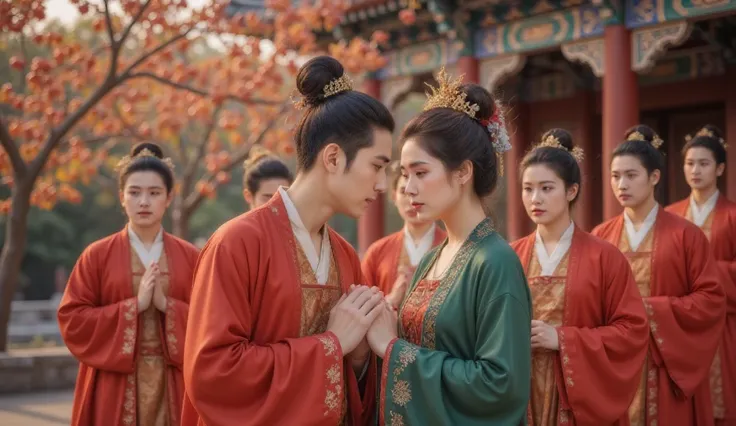 Tang Dynasty，The girl is wearing green， Boys wear red Hanfu，Golden autumn October， and bear fruit ，Pomegranate tree，Wedding hall 。 man and woman bending over ， bowing to each other face， can use a festive red tone ， to show the excitement of the wedding an...