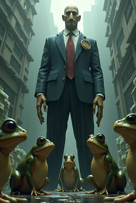 Make a photo of a giant Pinocchio wearing a suit, with a badge written Konoha city politician, and next to it several toads bowing down in honor with a backdrop of rain and stacks of money 