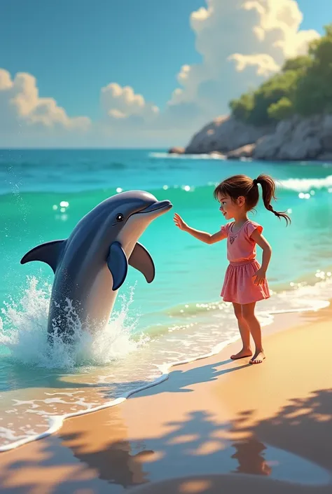 A playful interaction between a young girl and a dolphin at the waters edge. The girl extends her hand as the dolphin leaps joyfully, splashing sparkling water droplets in the sunlight.