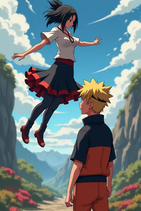 Boruto and sarada,2s,short hair,boruto uzumaki(standing),sarada uchiha(levitating upward)