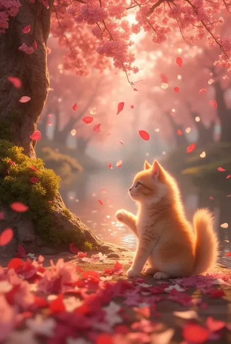 A mesmerizing scene of a rain of petals gently falling from the sky, filling the air with vibrant hues of pink, red, and white. Among the petals, a curious cat with fluffy fur and a playful expression is sitting on a mossy stone, swatting at the falling pe...