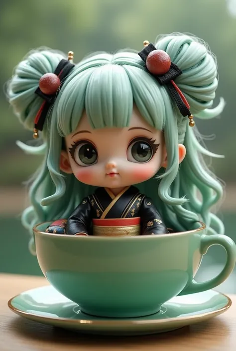 Baby chibi wearing black geisha long rope sitting in the jade teacup, grey green rockabilly hair, victory rolls and 2 buns, long curly volume hair