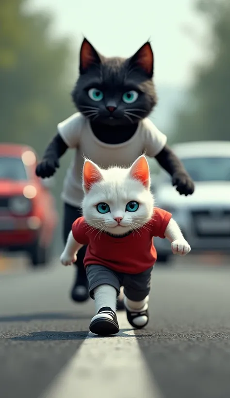 Father black fat cat ,blue eyes, white t shirt,black shorts, black and white shoes, little son white cat ,blue eyes,red t shirt, black and white shoes,suddenly white cat run road, 2 car ride ,background blurry