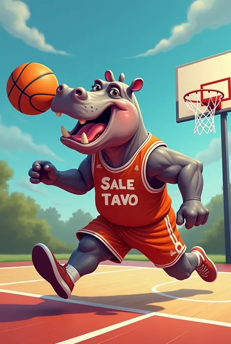 Funny hippopotamus cartoon playing basketball with the name Sale TAVO in Grande 