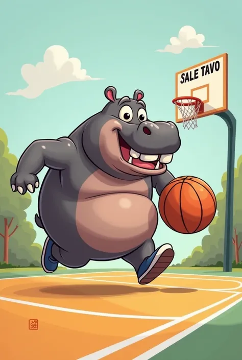 Funny hippopotamus cartoon playing basketball with the name Sale TAVO in Grande 