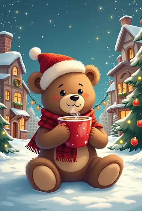  Illustration of the brown teddy bear with a red plaid scarf at the North Pole in a city decorated for Christmas. The teddy bear is wearing a Christmas hat and drinking hot coffee  