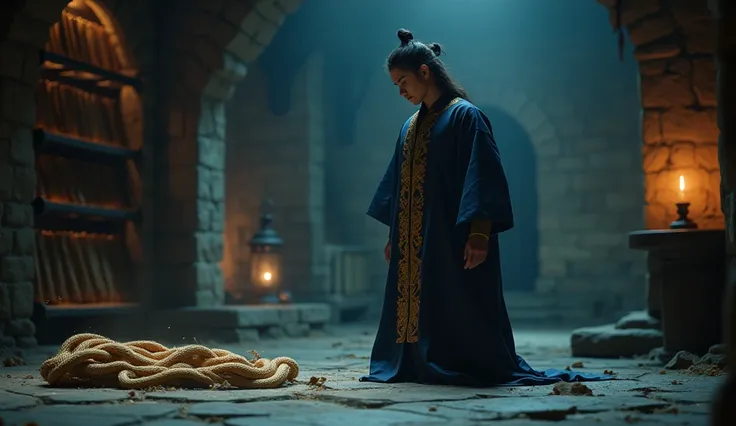 A cinematic scene where Hoàng stands in front of the mysterious rope, deep in thought. The room is bathed in dim light from a flickering lantern, casting soft, haunting shadows on the stone walls. The environment is quiet, with shelves of ancient scrolls a...