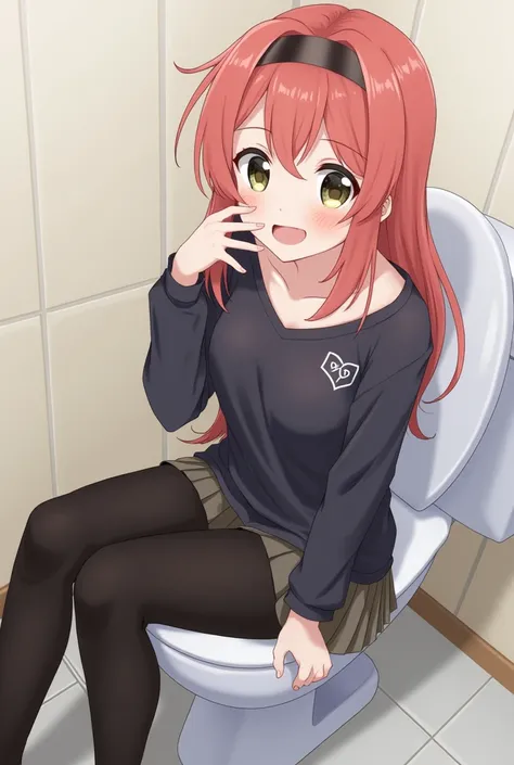 anime, black leggings,  sit toilet, happy,