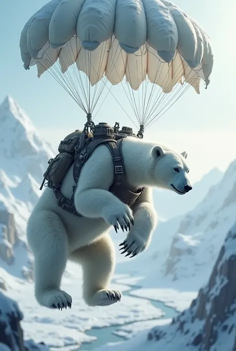 Polar bear soldier descending from high altitude, parachutes