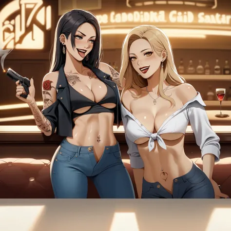 2girls, two girls, long hair, , anime girl, ear piercing, long hair, blush, lipstick,Hot girl, baddie, smoking, sensual, attractive ,jewelry, earrings, indoors, bar background, inside bar, casino environment, fancy interior environment, masterpiece,high qu...