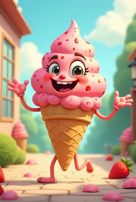 Strawberry ice cream cone in 2D cartoon animation with eyes, boca, hands and legs, blinking and waving while walking 