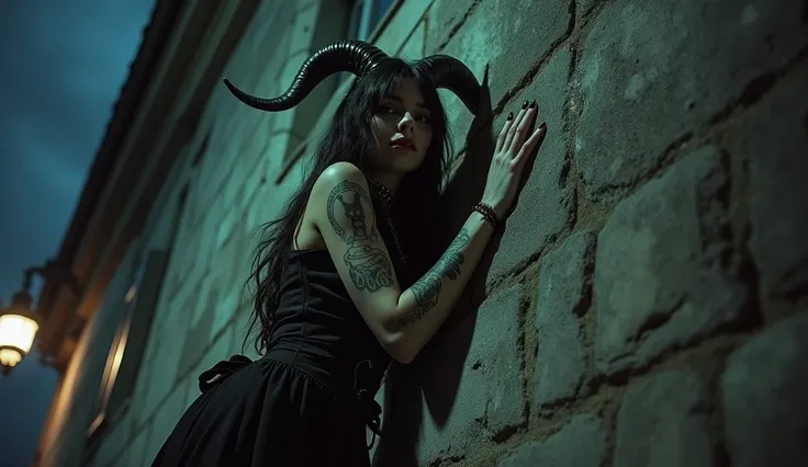 A beautiful Gothic woman ,  with several tattoos on her body,  sheep horns on the head ,  big boobs,  old Gothic clothing from 1800 ,  climbing a building at night , and smiling, The scene is frightening 