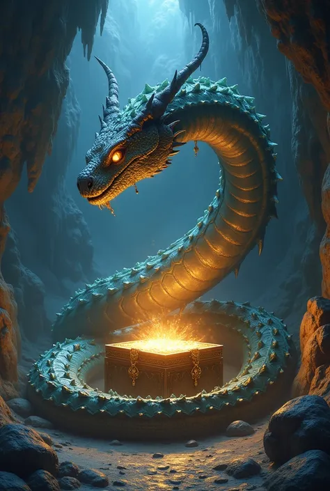 A massive serpent coiled protectively around a glowing treasure chest in a dark cave. The snake’s eyes glint with intelligence, and gemstones sparkle among the shadows.