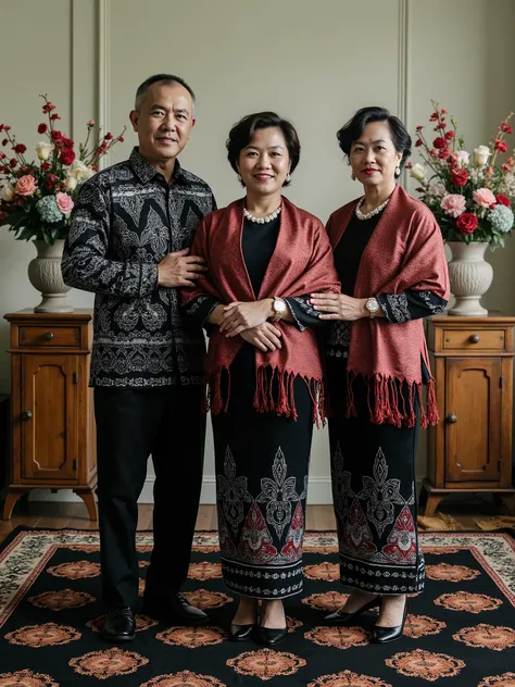 Indoor portrait, Indonesian family, a man age 60 very short cuthair, two 60 sligltly chubby women with short curly hair, they wear traditional BATIK clothes with bLACK PANT for men and kebaya with batik bottom skirts for women themed black, standing on a v...