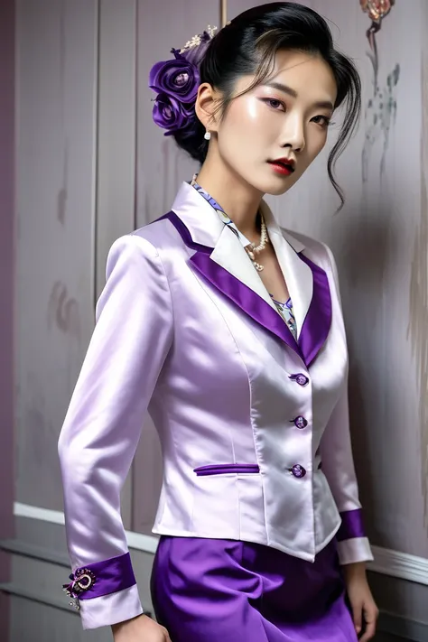 A Korean man in ladies vintage suit dress, big breast like a woman, slender female body, His hairstyle is short and manly, white purple, satin, long sleeves, short jacket, mermaid skirt, silk