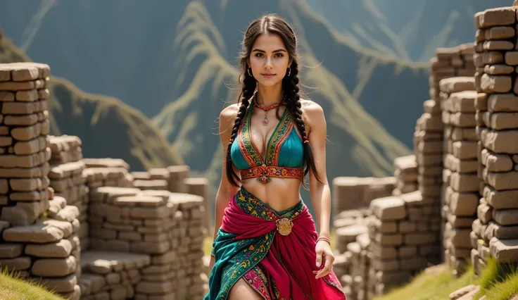  A beautiful Peruvian woman at the time of Machu Picchu ,  wearing traditional Inca clothing made of vibrant and colorful textiles adorned with intricate patterns . She has long, dark braided hair, entering the ruins of Machu Picchu