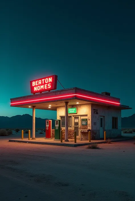 Gas stations named after Studio Bn abandoned in the desert at night 
