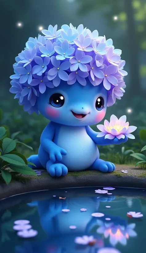  Design a cheerful hydrangea creature with a body that consists of clusters of small petals of soft blue and lavender.  His bright and inquisitive eyes shine like little stars in the center of the flower .  The hydrangea creature sits peacefully on the edg...