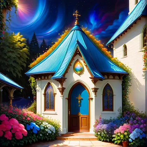 nature，night，1 cafe with blue roof and white walls 、Overall exterior ， The cafe lights are on，flower，Minuet，masterpiece，Rich colors， best quality、 Official Art、 fantasy standing in a church、 colorful 、Nice background、 bling、Beautiful Shadows、beautiful door