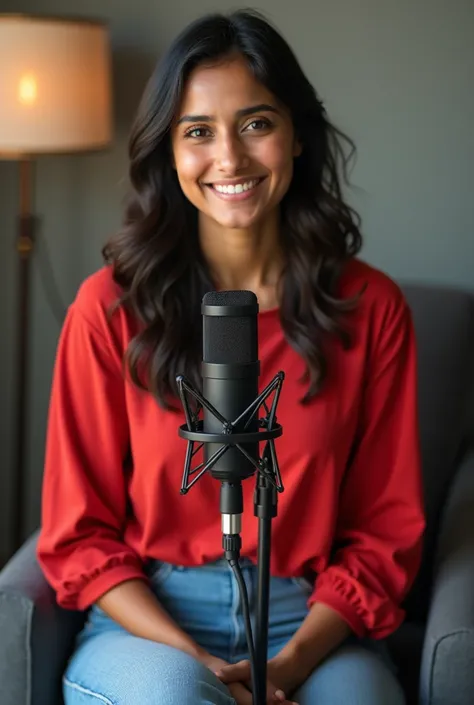 A indian girl wearing red 3/4th sleeves  top and blue jeans sitting in front of podcast mic.with smile