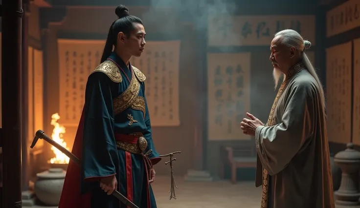 A cinematic scene of Hoàng speaking to Thầy Tích, his voice resolute and filled with purpose. The room is silent except for Hoàng’s words, which echo with the weight of his decision.

Hoàng: Hoàng, standing tall and with a firm stance, speaks with determin...