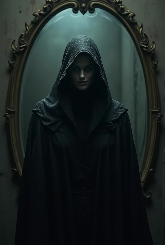 Mysterious black hooded figure standing in front of a mirror in the dark taking off her hood and smiling 