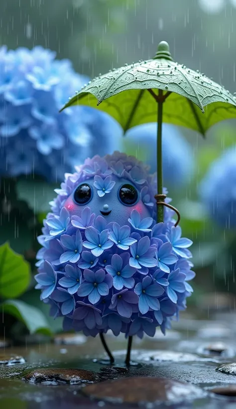 Design a playful hydrangea creature with a body composed of clusters of small, soft blue and lavender petals. Its bright, curious eyes shine like tiny stars amidst the bloom. The hydrangea creature joyfully hops and spins in a gentle rain, its petal-covere...