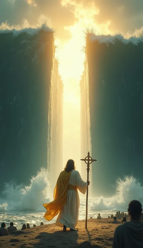 "A powerful and awe-inspiring depiction of Jesus standing at the center of a massive ocean split into two towering walls of water, holding a wooden shepherd’s staff firmly in his right hand. Jesus is dressed in flowing white robes with a golden sash, radia...