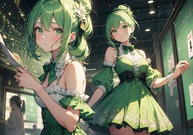 Club Ball Girl
A girl with mint green hair tied in a club-shaped ribbon. A club motif is elegantly embroidered on her deep green dress, which sparkles with every sway. A ball hall spreads out in the background, and the walls are decorated with club-shaped ...