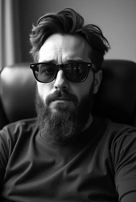  Arafats man with beard and sunglasses sitting in a chair,  a black and white photo inspired by Antônio Parreiras , Reddit, Op art, profile picture, wearing pointed hair ,  taken in the early 2020s , black and white image, profile picture,  profile picture...