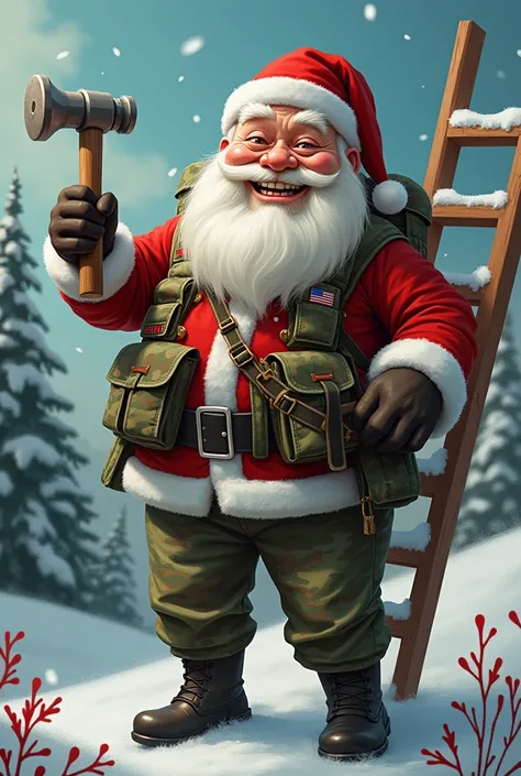  funny Santa Claus dressed as a soldier ,  with a hammer and a ladder in his hands, With the name ROBERTO  