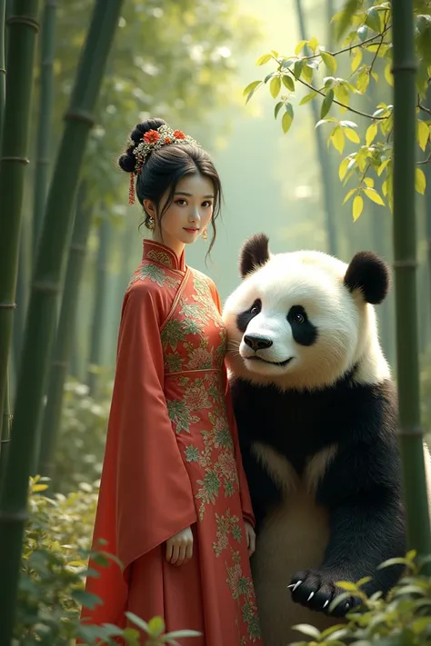 Chinese woman in national clothes of China and a panda stands next to her and a bamboo forest behind her