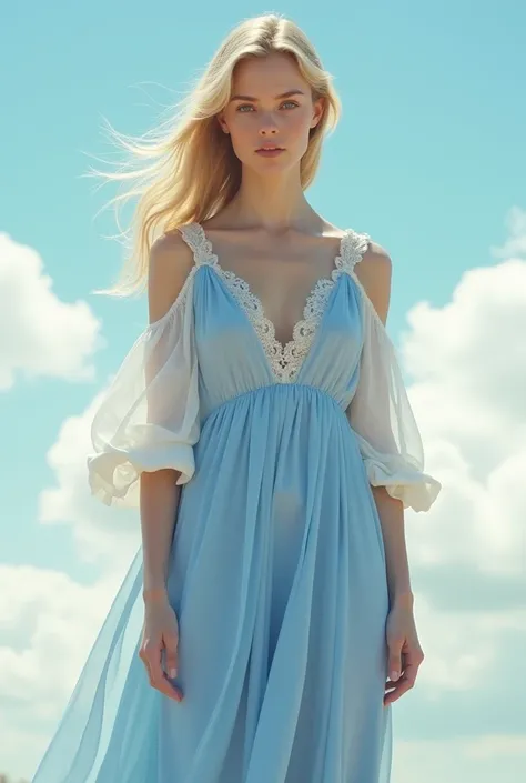 mature girl  with light blonde hair, wearing a blue and white dress, the surrounding scene is the sky, look straight into the camera , full body 